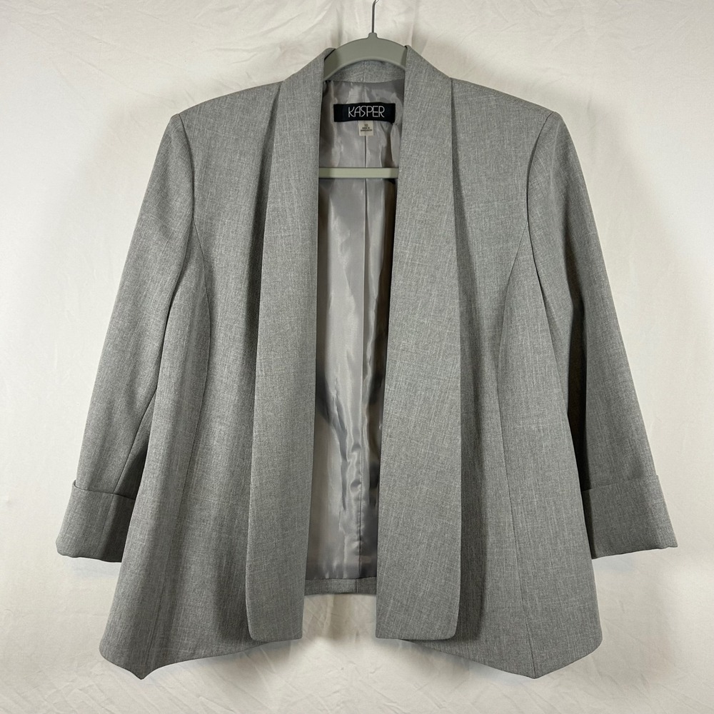 Kasper Womens Gray Shawl Collar Open Front Blazer Jacket Shoulder Pads Size 10